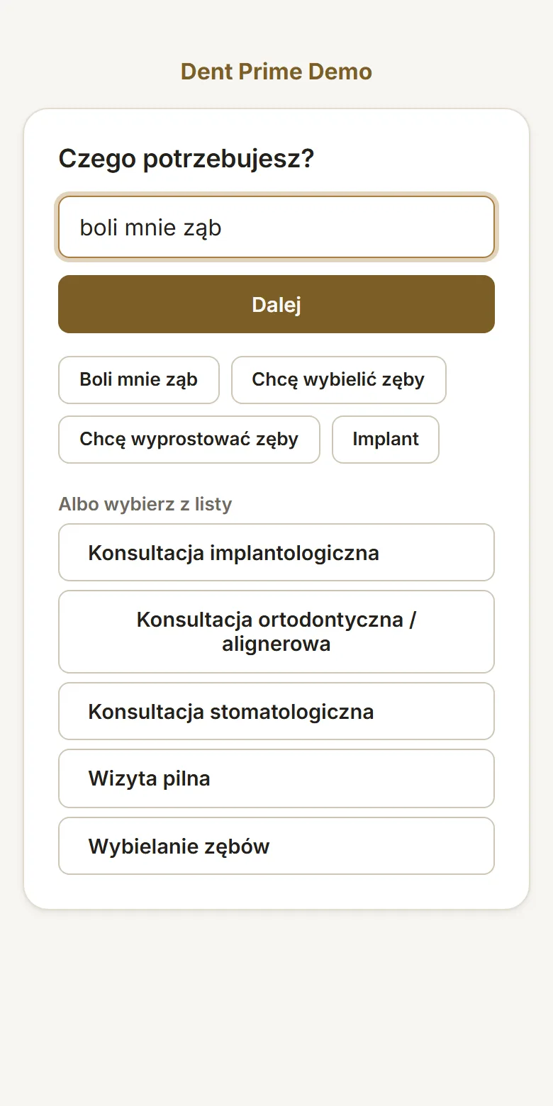 Widżet rezerwacji PrimeBooking na telefonie. Krok 2: widżet proponuje pasujące usługi gabinetu